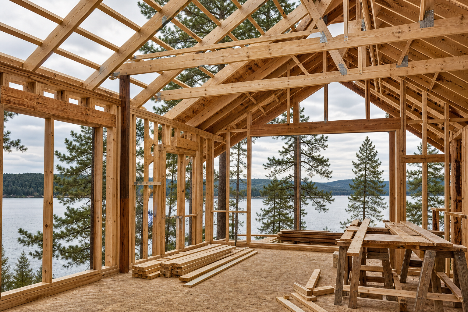 Cabin framing structure with exposed timber framing and open roof trusses