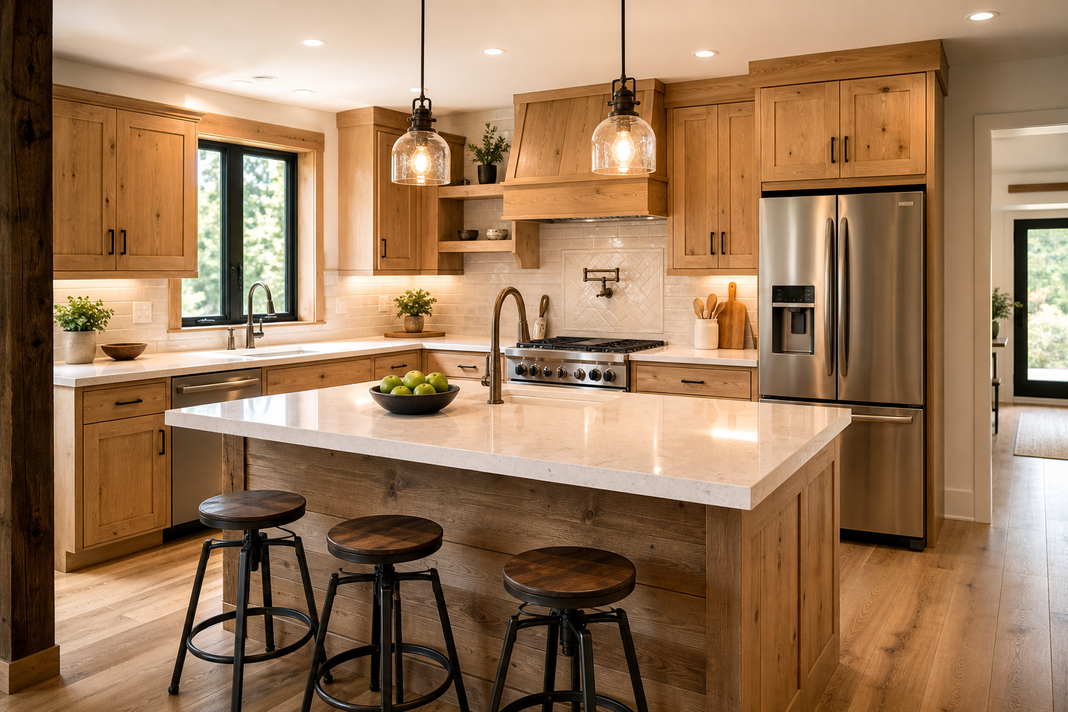 Renovated kitchen with warm wood cabinetry, island, and pendant lighting
