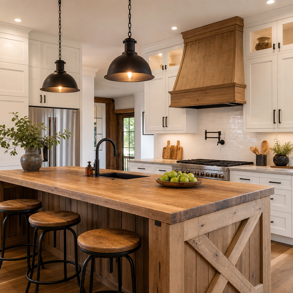 Bright remodeled kitchen with white cabinetry, matte black fixtures, and a large wood island