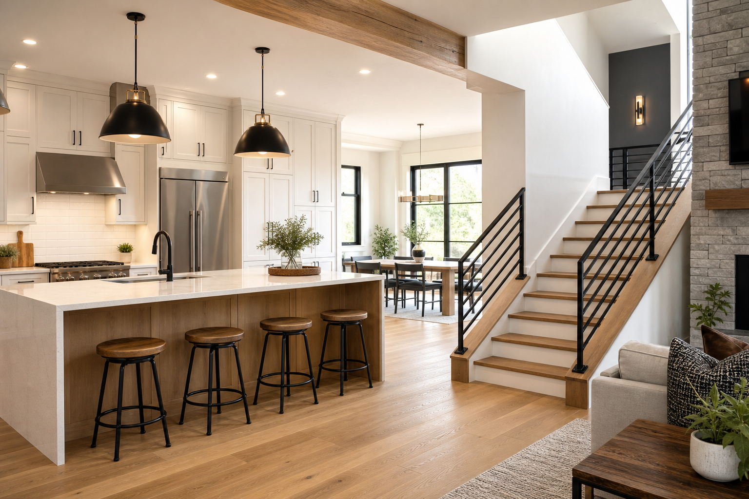 Bright open-concept remodel with white cabinetry, warm oak floors, and black steel stair railing
