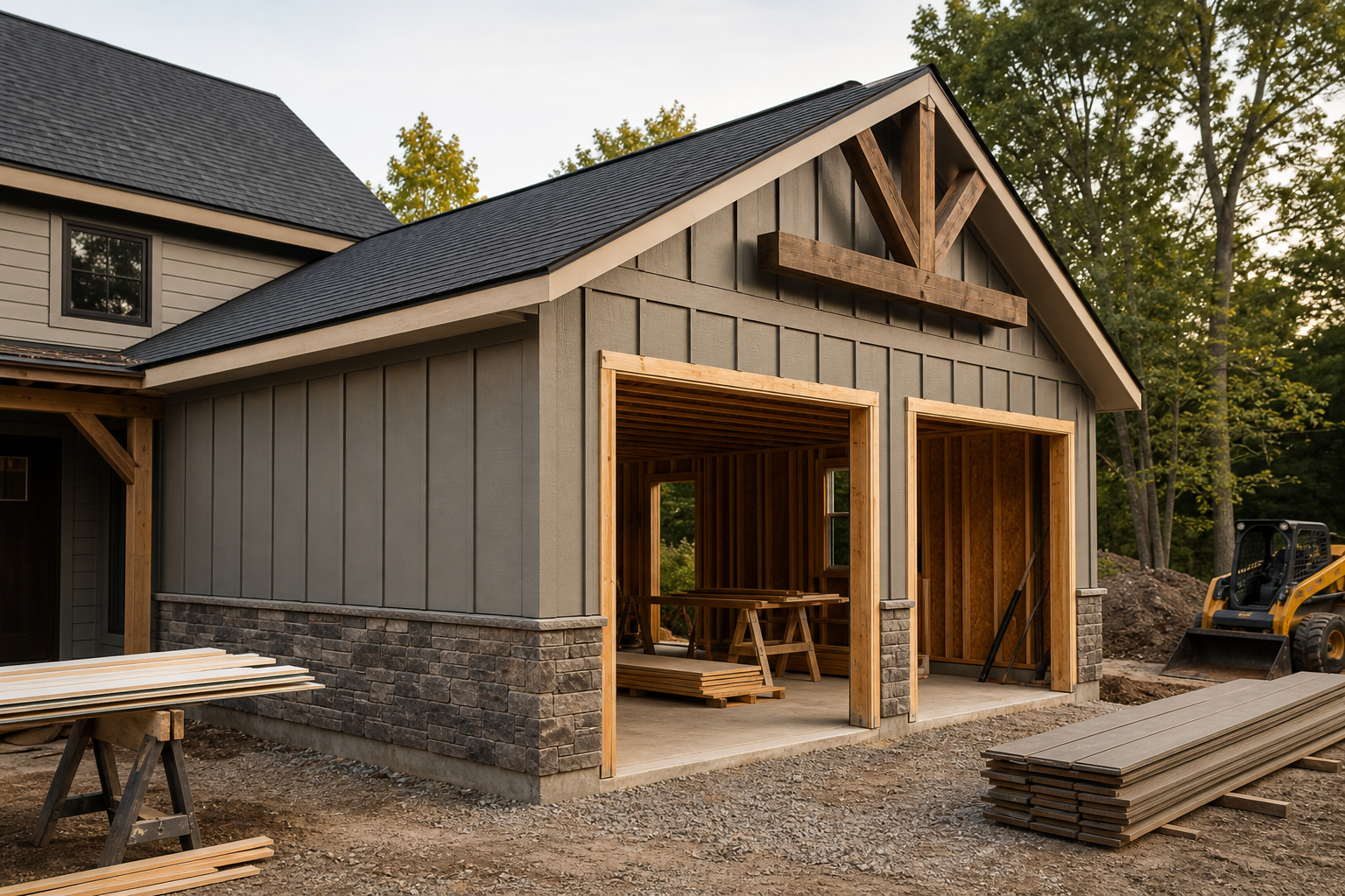 Attached garage addition with new siding and framed door openings