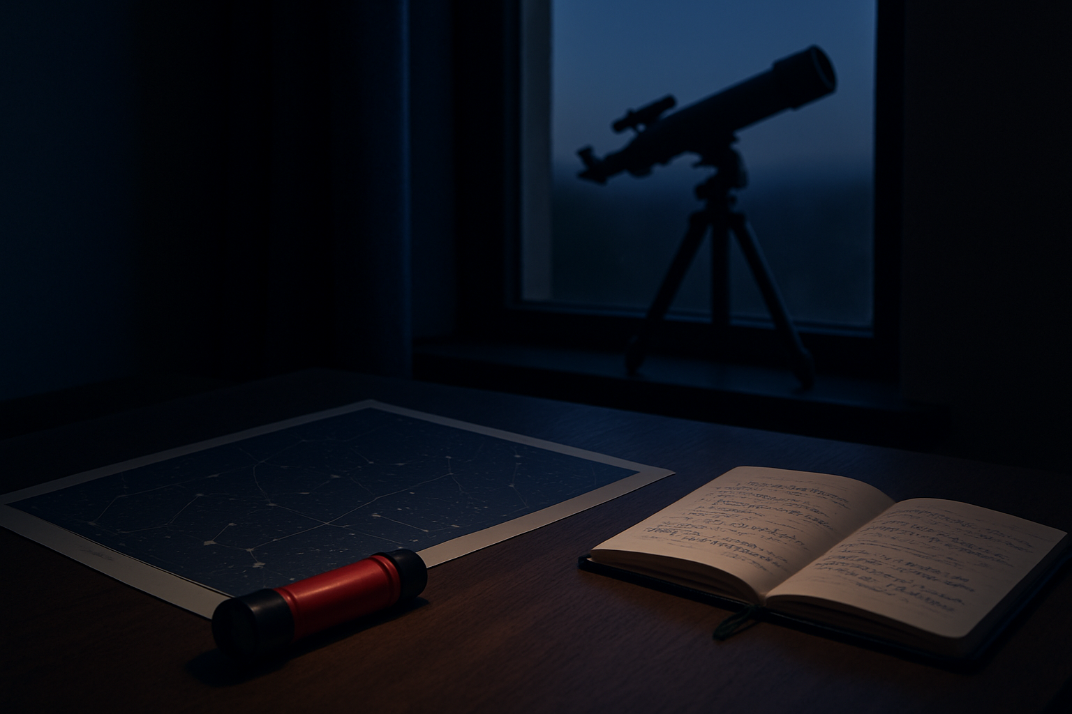 Quiet astronomy scene with a printed star chart, red flashlight, and notebook beside a small telescope at dusk