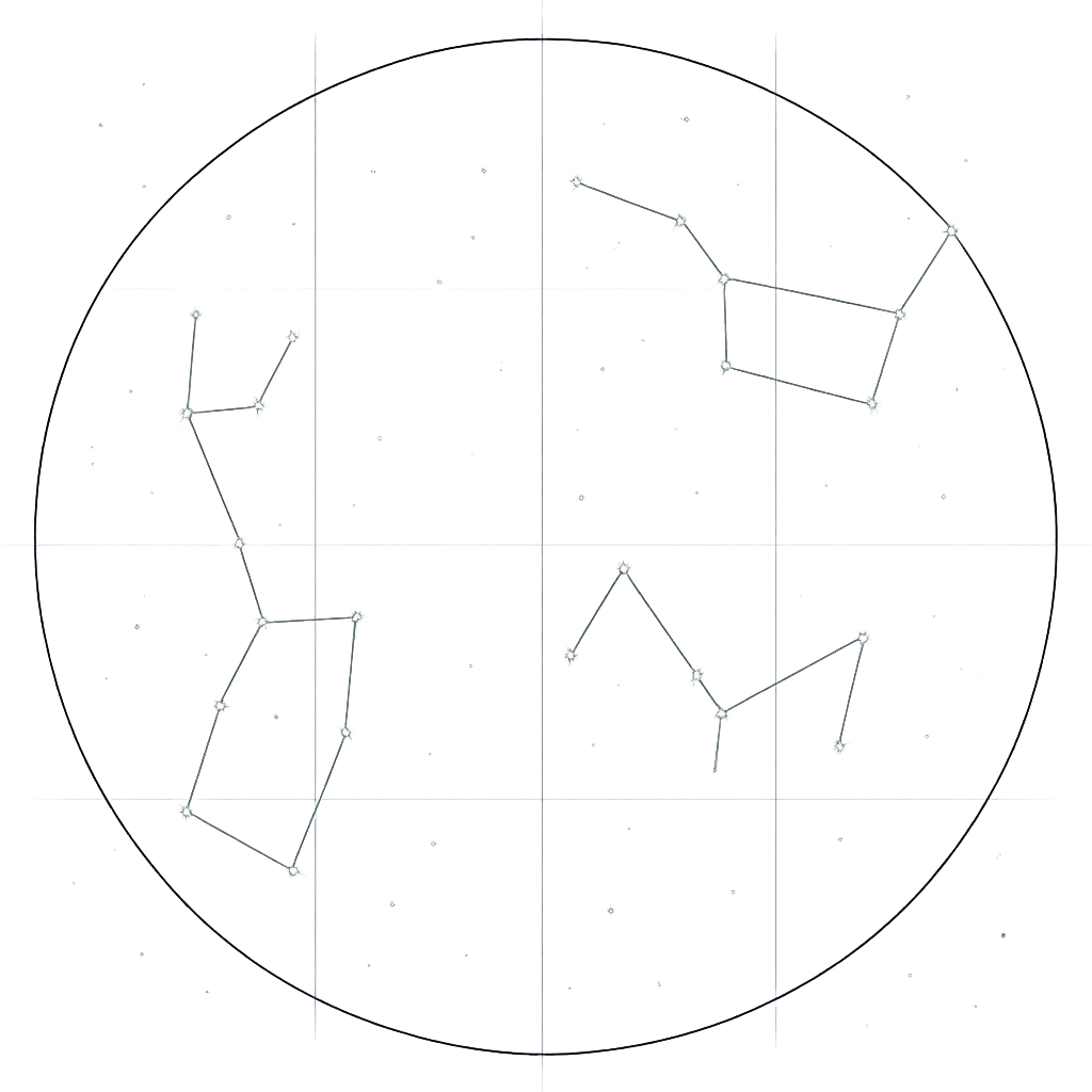 Minimal constellation diagram showing Orion, Ursa Major, and Cassiopeia connected with fine lines on a dark sky field