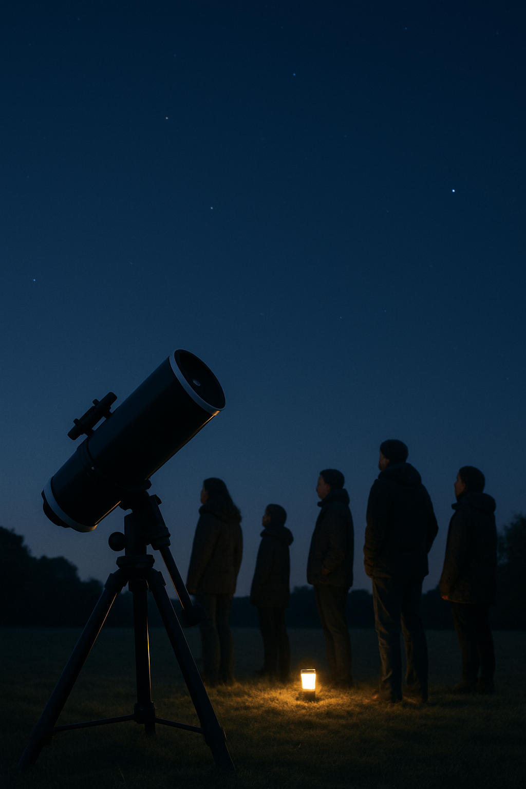Calm community stargazing meetup with a telescope under a clear evening sky