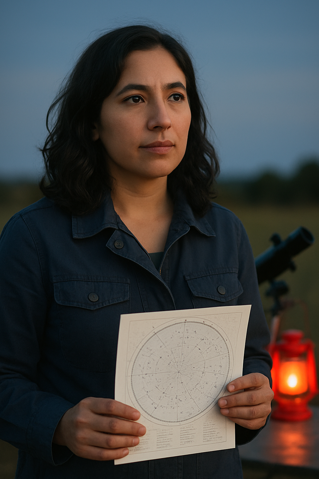 Lina Morales standing outdoors at dusk with a star chart in hand