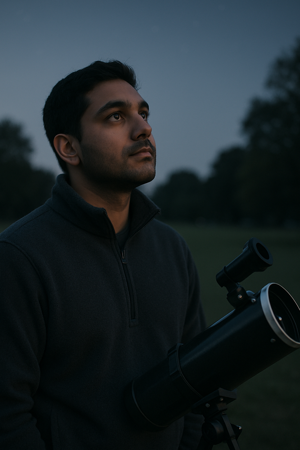 Noah Patel beside a small reflector telescope during blue-hour light