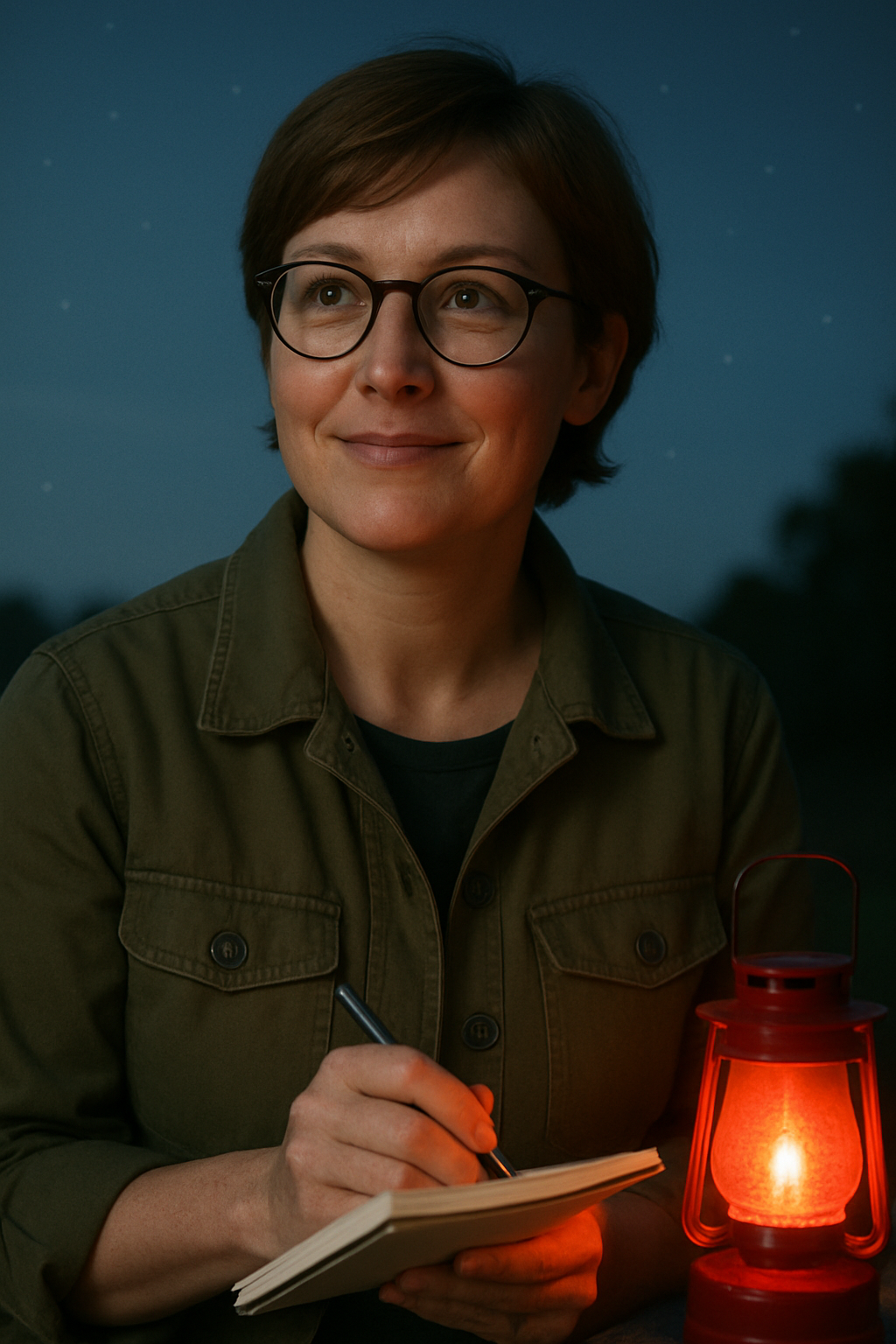 Sarai Bennett reviewing meetup notes near a red-light lantern at twilight