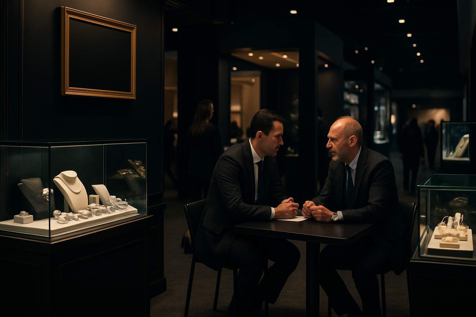 Alliance representatives coordinating with exhibition organizers on-site at an international jewelry expo, with premium booths and professional visitors in the background