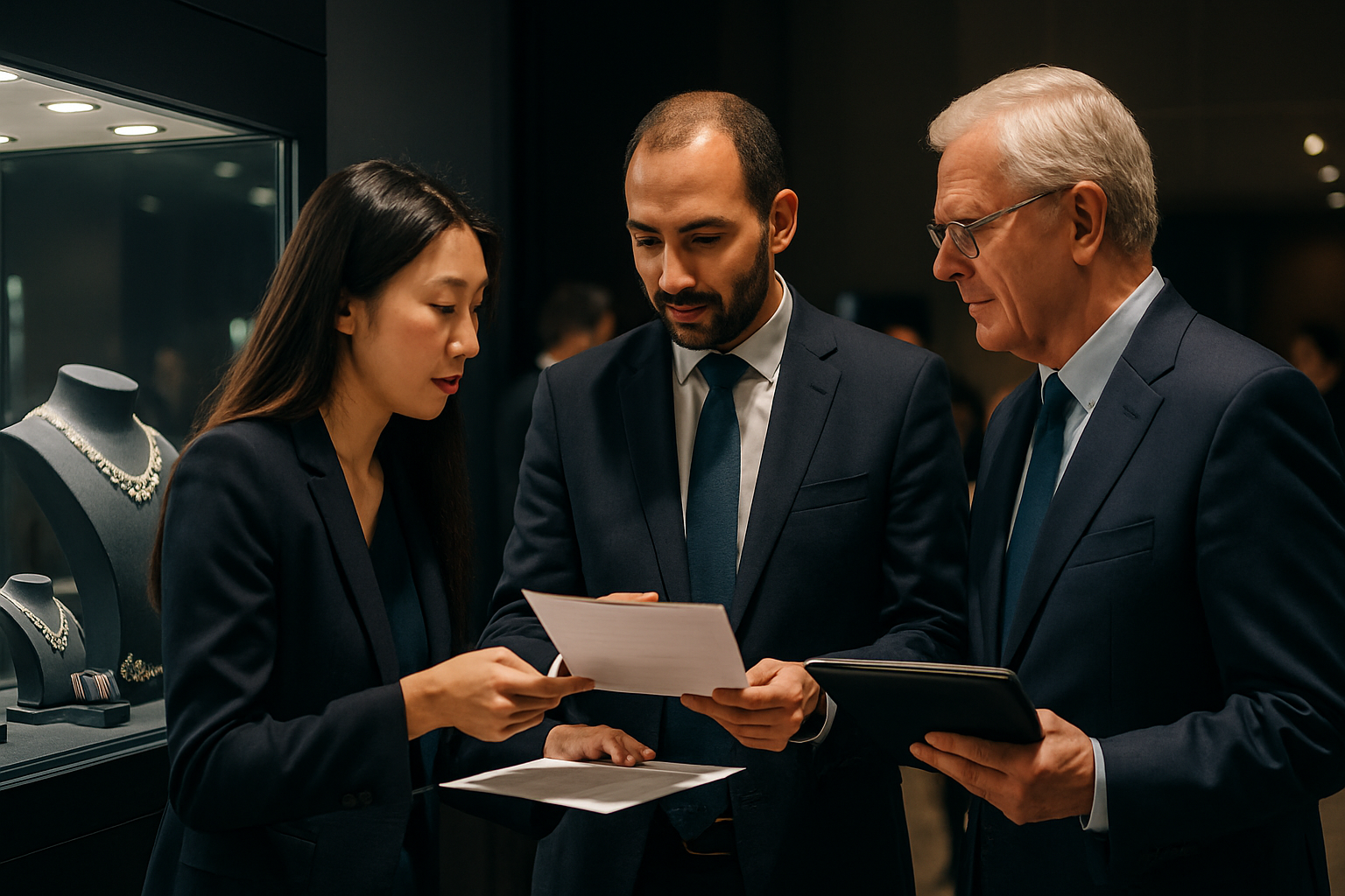 Representatives from multiple countries matching resources and discussing partnership agreements in an international jewelry collaboration setting