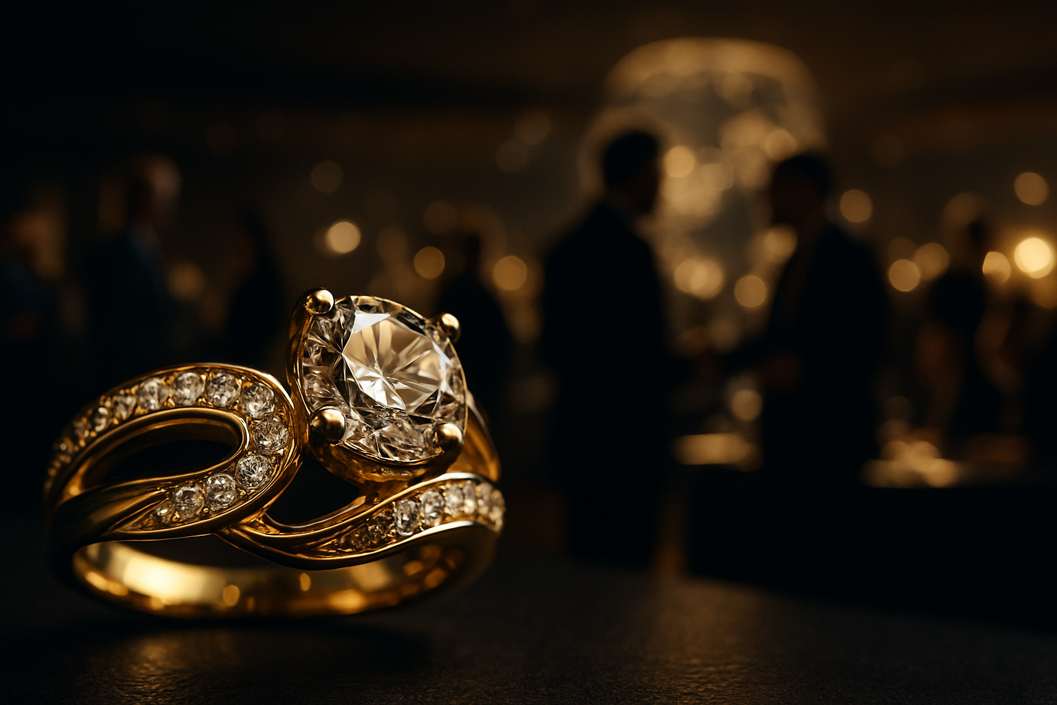 Refined close-up jewelry craftsmanship blended with an international industry event atmosphere