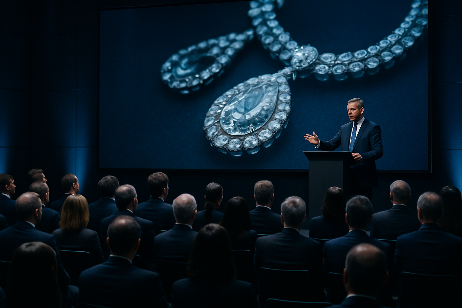 A professional international jewelry industry forum where a keynote speaker engages delegates in a formal conference setting