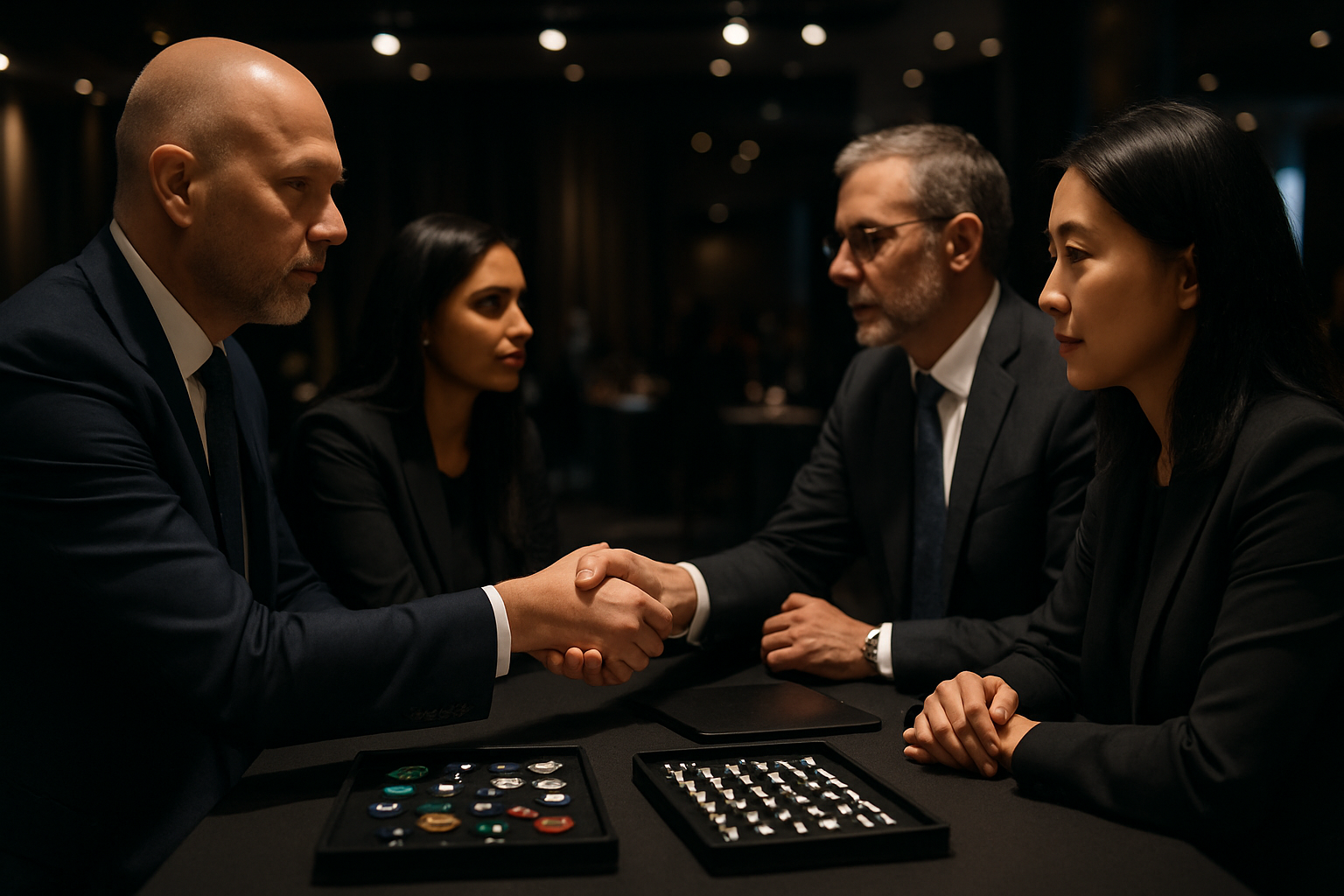 International buyers and brand delegates in a jewelry trade-fair negotiation area, discussing cooperation around displayed fine jewelry samples