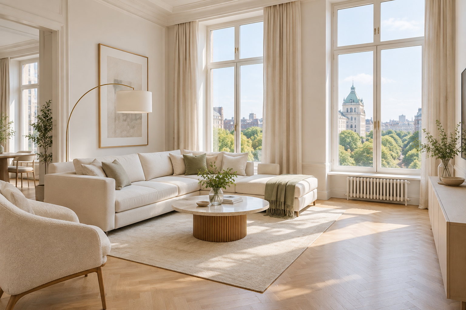 Sunlit living room in a refined Kyiv Lipky apartment with pale oak floors and large windows