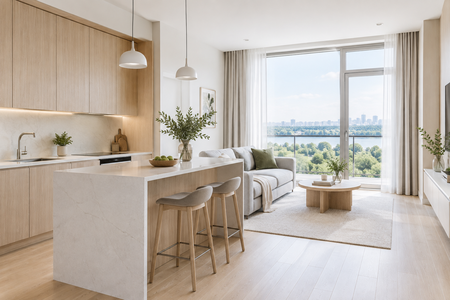 Compact light-filled Kyiv Obolon kitchen and living space with modern pale wood finishes