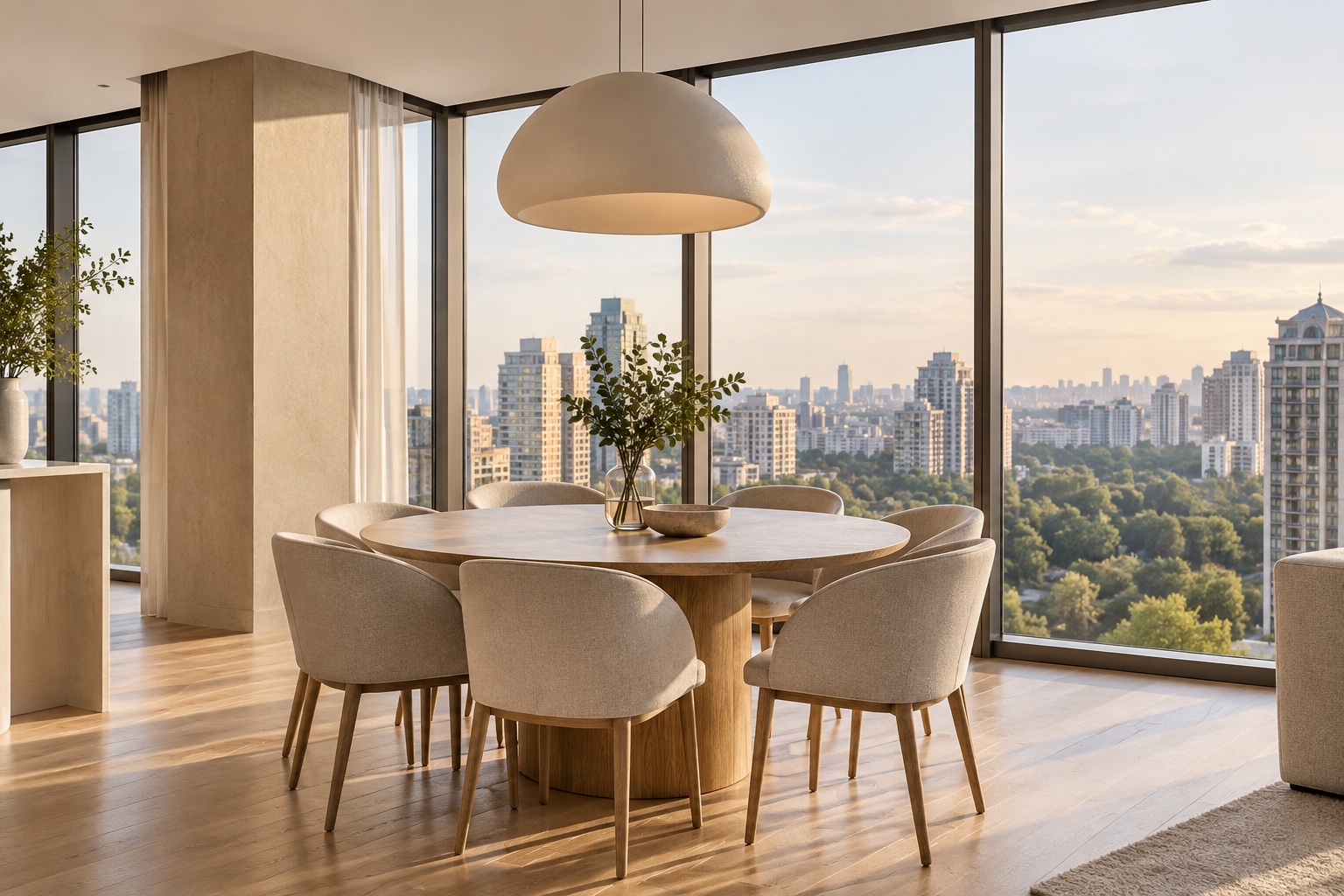 Upscale Kyiv apartment dining area with sculptural lighting and panoramic city windows