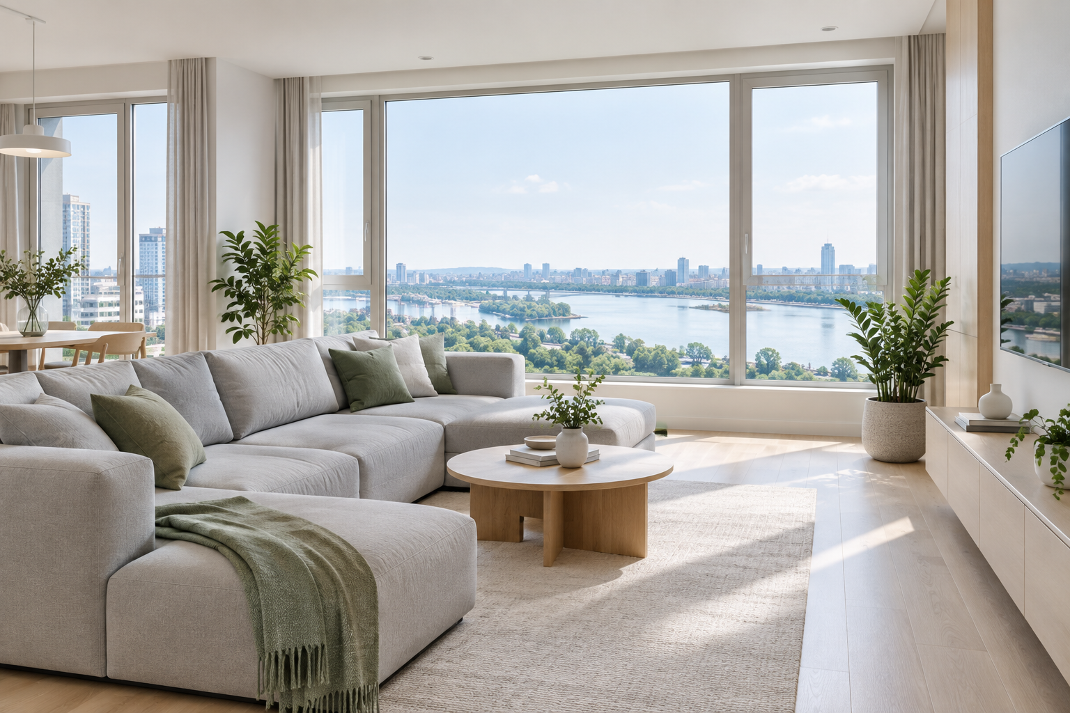 Bright contemporary Kyiv apartment living room overlooking the Obolon riverfront
