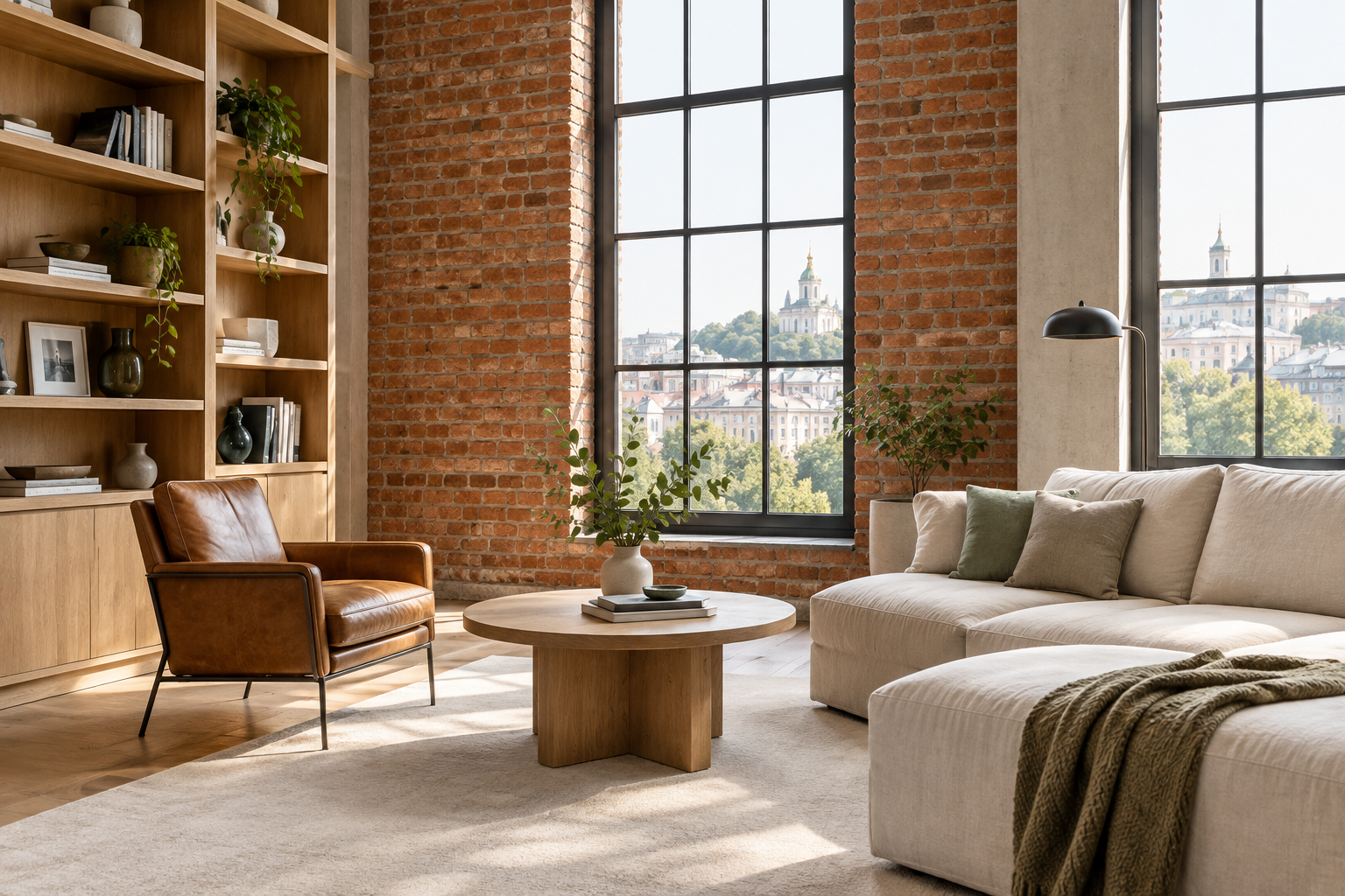 Warm modern Kyiv Podil loft living room with exposed brick wall and soft daylight