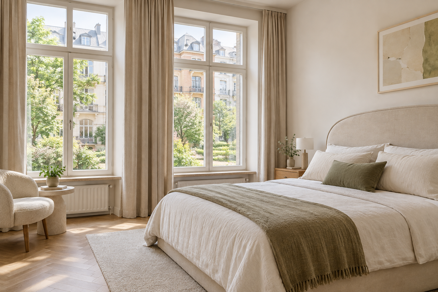 Serene Kyiv Podil apartment bedroom with cream linen, tall windows and leafy courtyard view