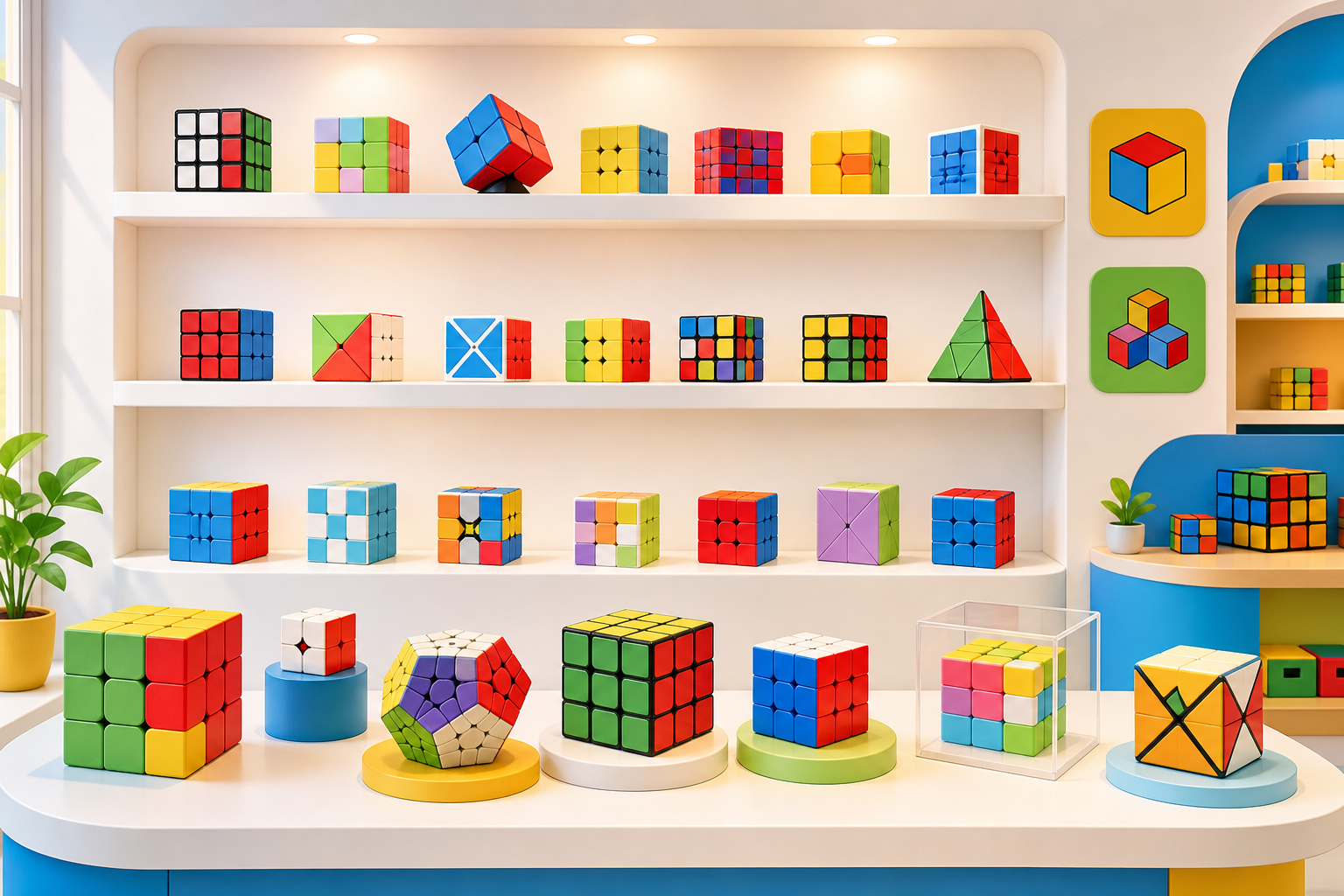 Tidy colorful display of cube toys arranged on clean showroom shelves