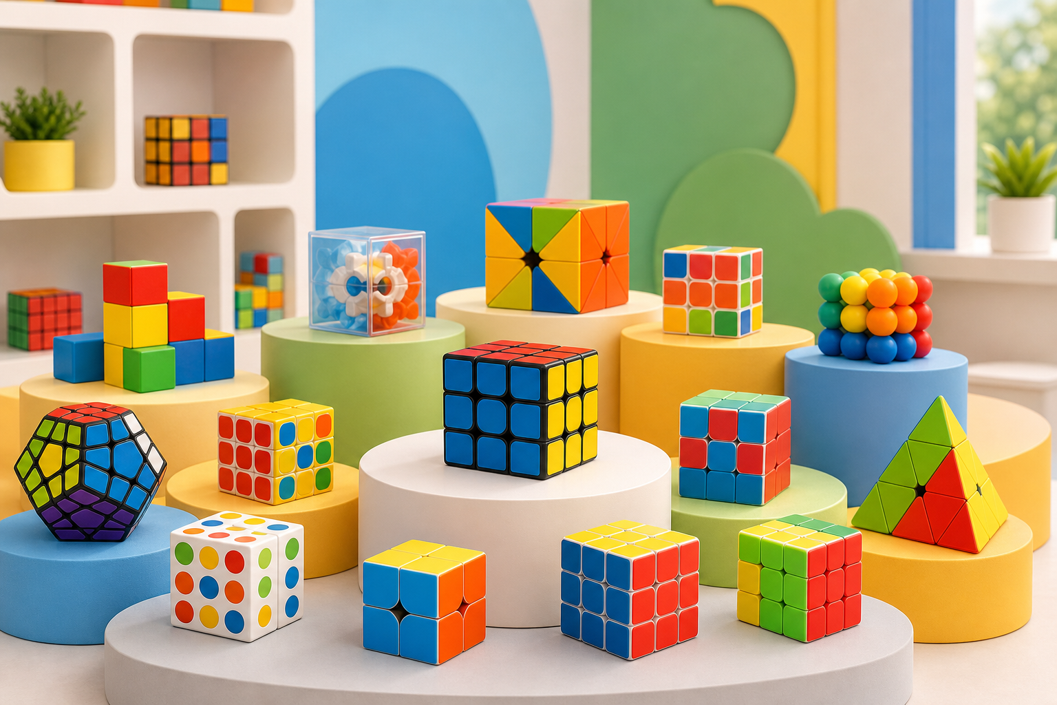 Bright product display of colorful educational cube toys arranged neatly in a playful showroom setup