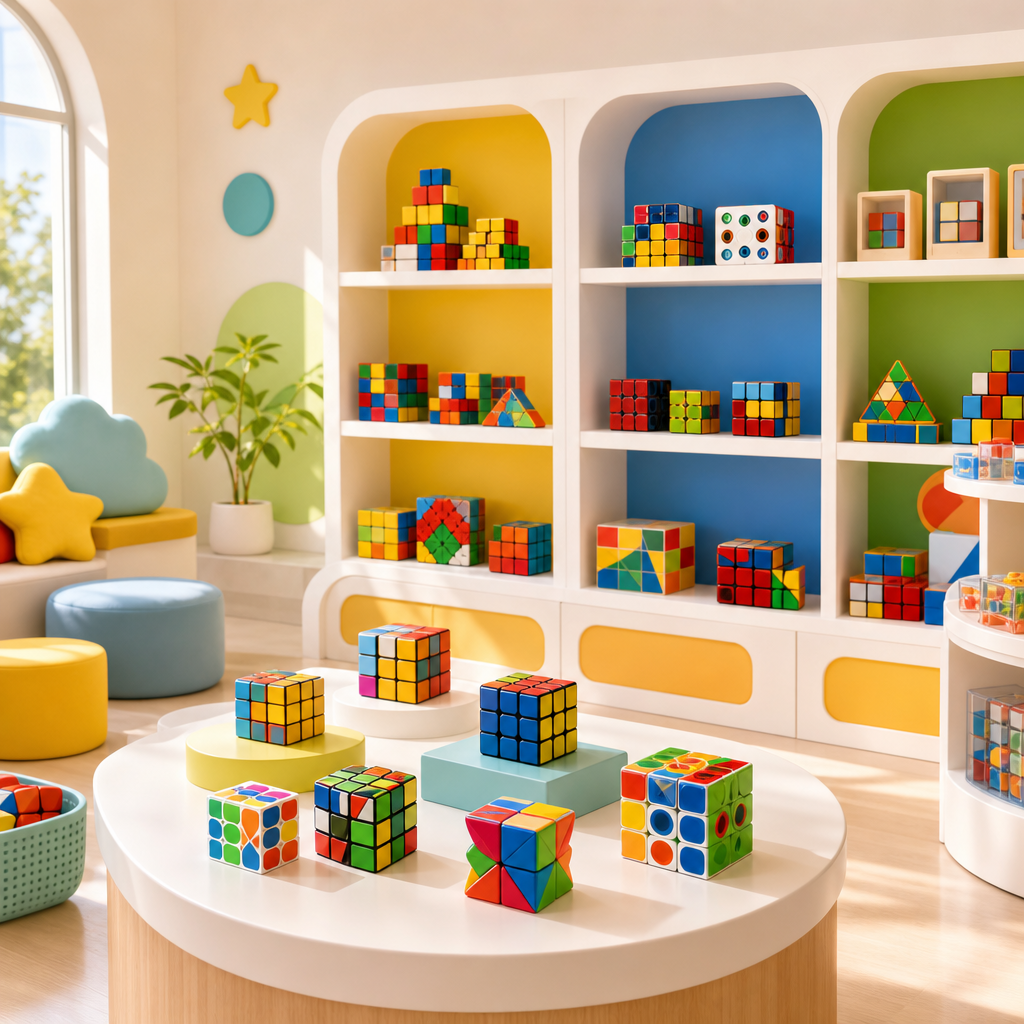 Bright toy showroom corner with colorful cube puzzle samples on rounded shelves