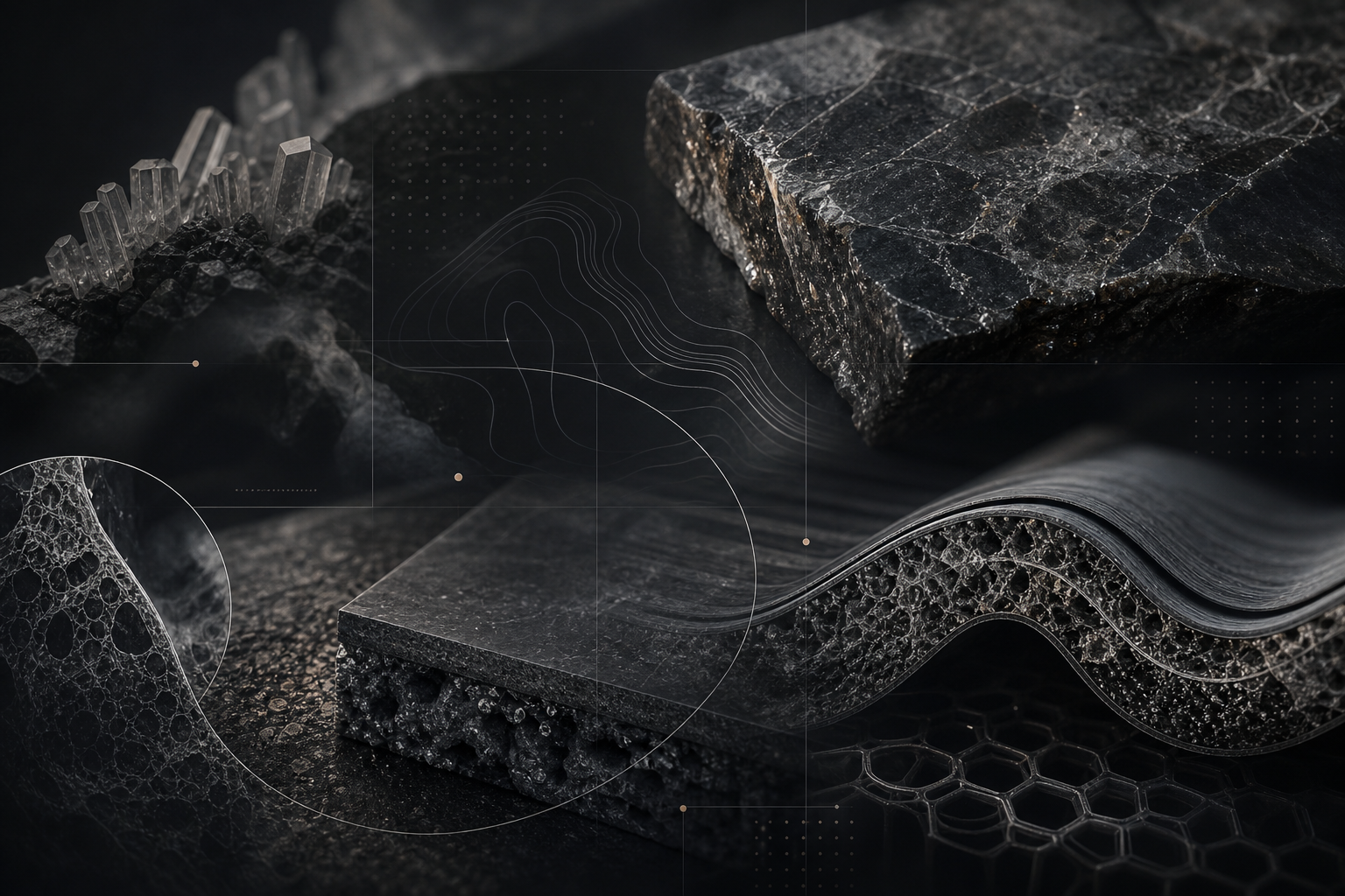 Abstract material-science composition with layered mineral-organic textures and technical contour overlays in a dark premium lab aesthetic