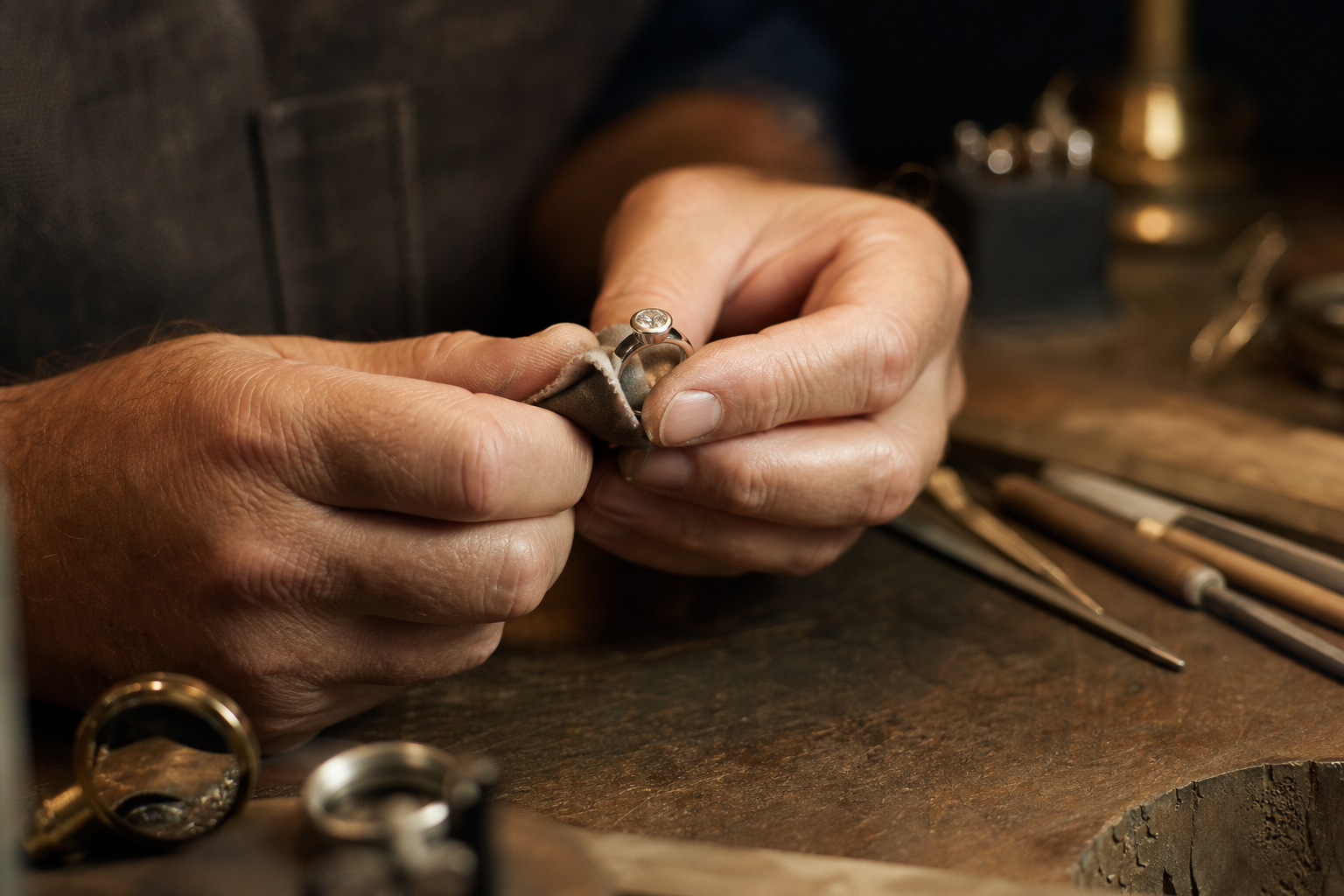 Close-up of a jeweler's hands polishing a platinum ring under warm studio light