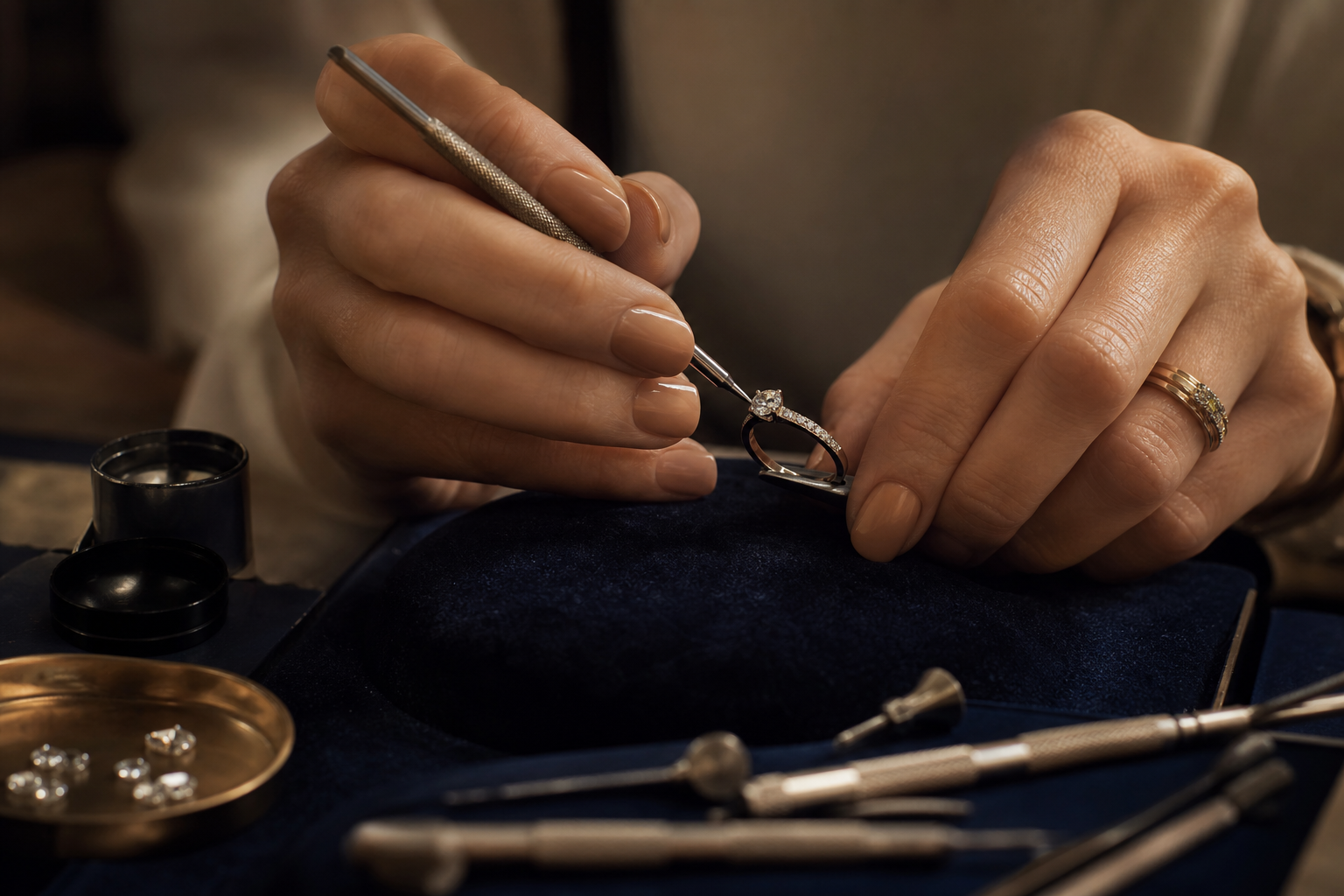 Jeweler hands using precision tools to repair a diamond ring on a velvet work surface