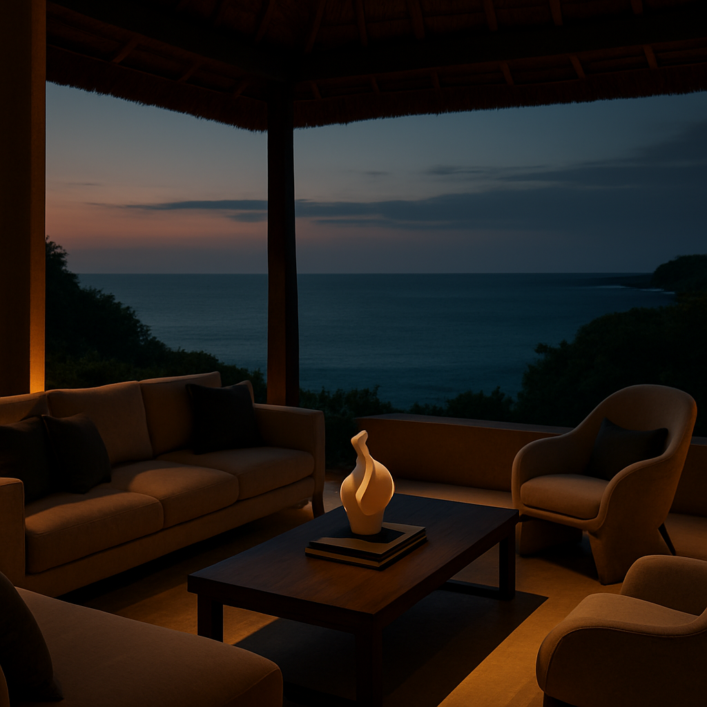 Luxurious open-air lounge with sculpted seating, warm ambient lighting, and a view toward a Kenyan coastal horizon at dusk
