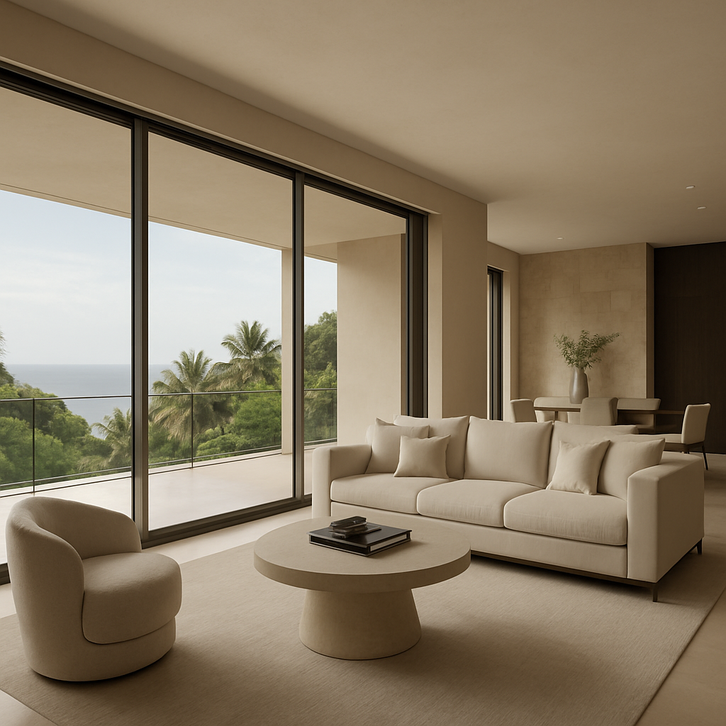 Luxury investment residence interior with coastal light, refined Kenyan materials, and panoramic ocean view