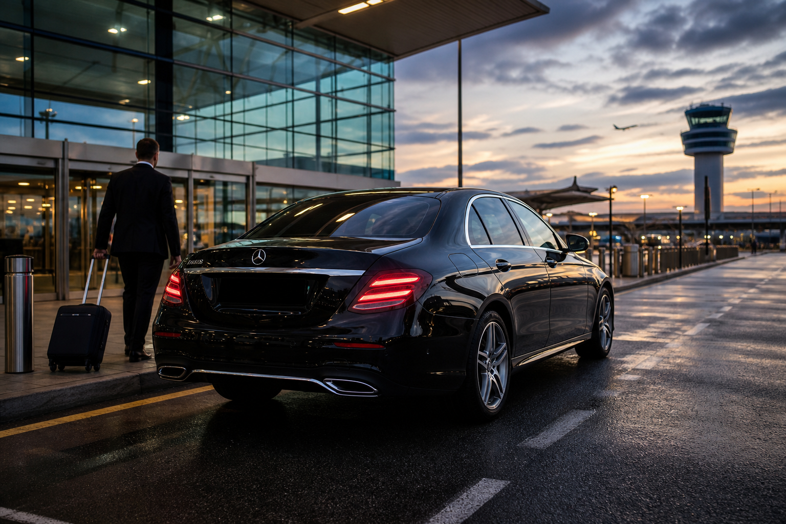 Modern executive car waiting at a UK airport terminal at dusk