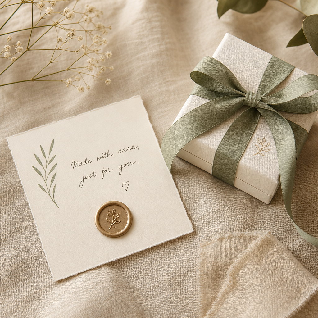 Handwritten gift note card with wax seal beside a wrapped jewelry box on linen fabric
