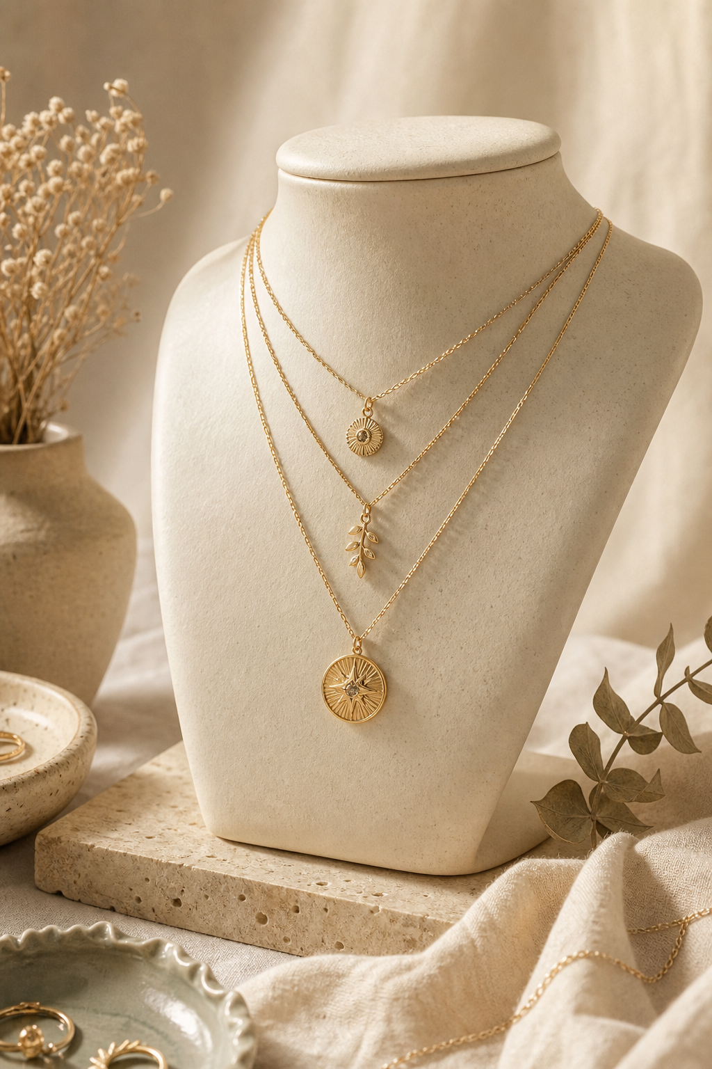 Delicate layered gold necklaces with tiny charm pendants draped over a cream ceramic bust in soft natural light