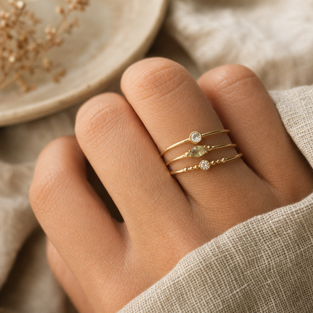Close-up of a hand wearing three stacked thin gold rings with small gemstones resting on woven linen cloth