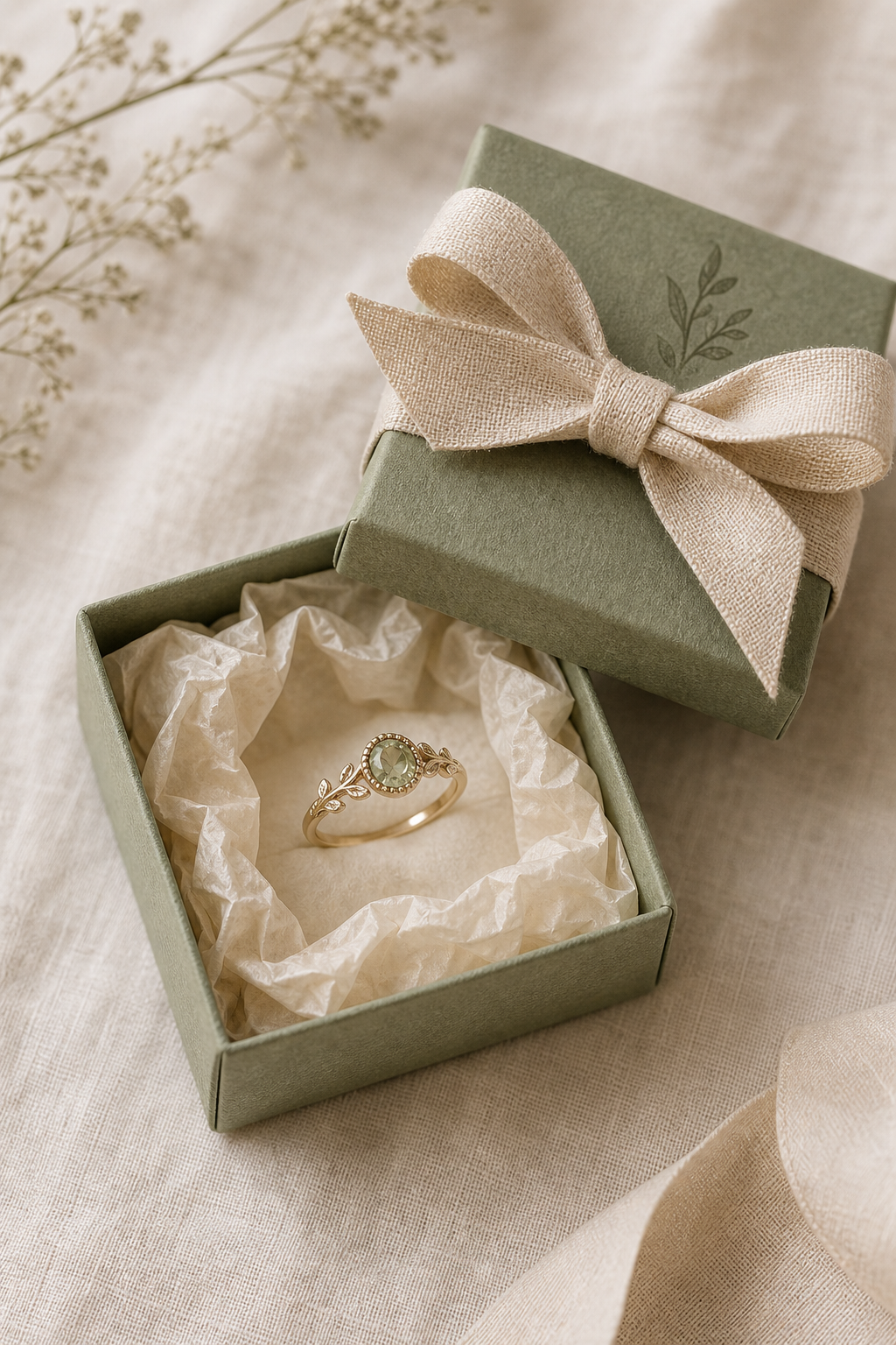 Sage green textured gift box tied with linen ribbon, jewelry nestled on cream tissue paper