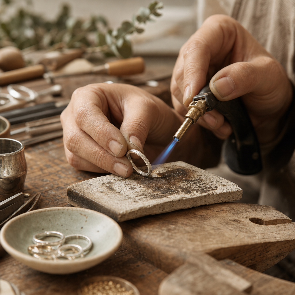 Artisan hands shaping and soldering a silver ring at a jeweler's workbench
