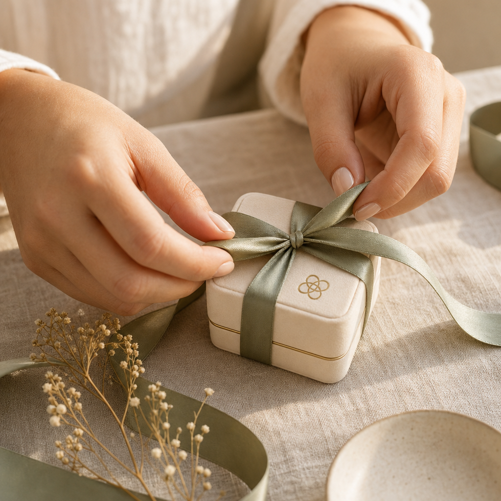 Hands wrapping a small jewelry box with ribbon on a linen surface