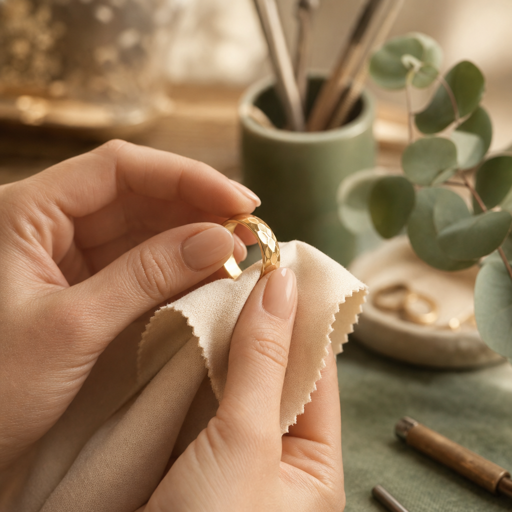 Hand polishing a gold ring with a soft cloth under warm light