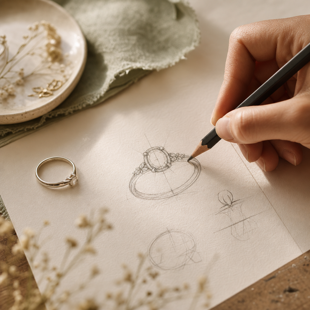 Hand sketching a ring design on textured paper with a graphite pencil