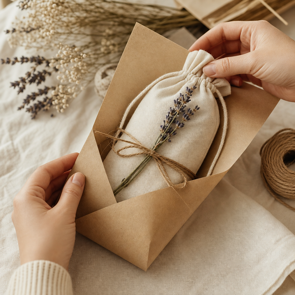 Close-up of hands wrapping a small jewelry pouch in kraft paper with a sprig of dried lavender