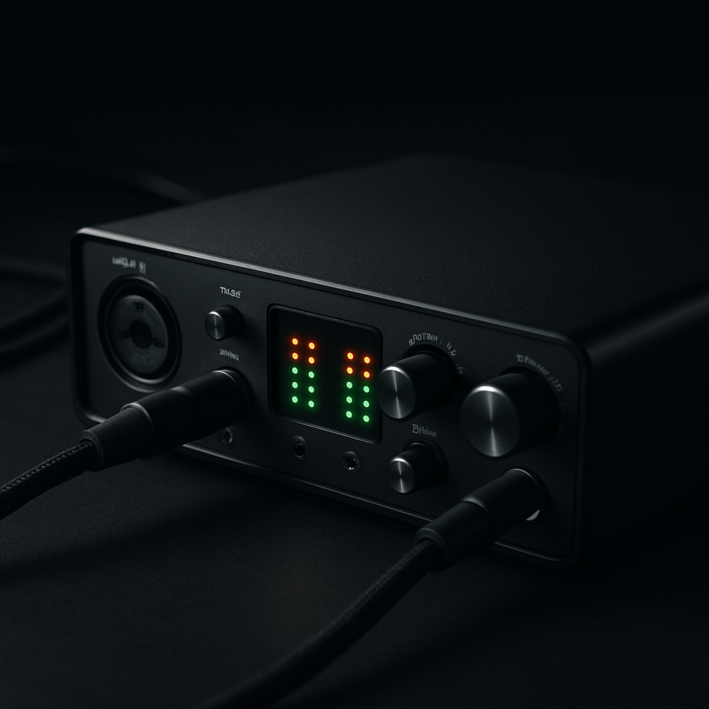 Sleek matte-black professional audio interface with metallic knobs, glowing level meters, and braided cables on a dark desk