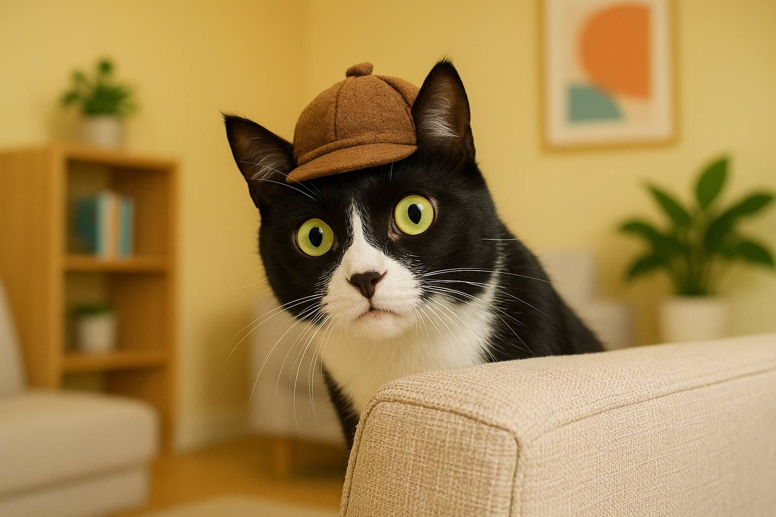 A wide-eyed black-and-white cat wearing a tiny detective hat, peeking from behind a couch with a comically suspicious look