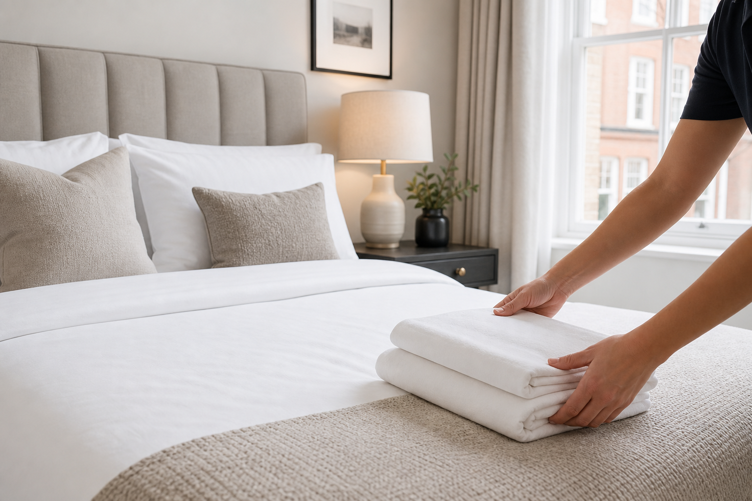 Airbnb-style bedroom in the UK with crisp white linen being folded on a neatly made bed