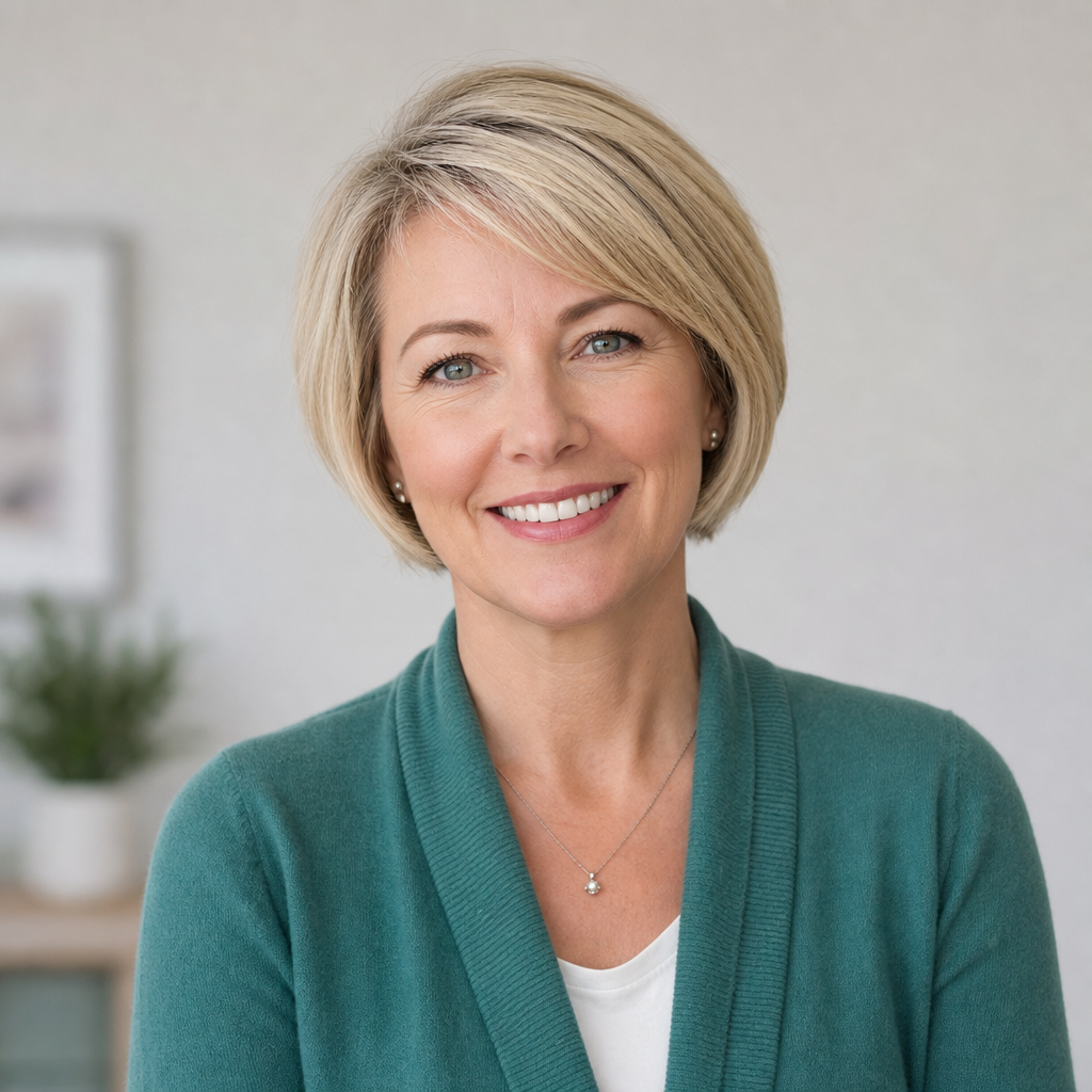 Portrait of Charlotte, a UK Airbnb host with short blonde hair wearing a teal cardigan