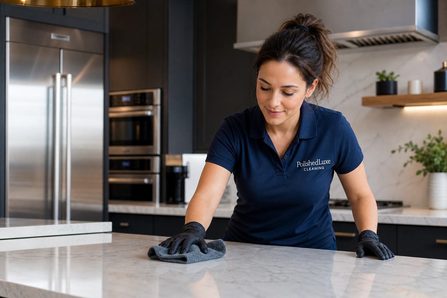 Professional cleaner wiping a gleaming kitchen counter in a contemporary UK home, wearing uniform and gloves