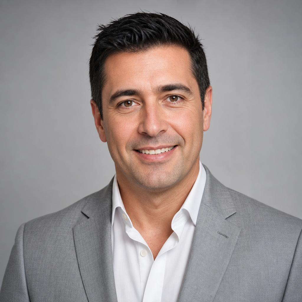Portrait of David, a professional UK office manager with short black hair wearing a light grey blazer
