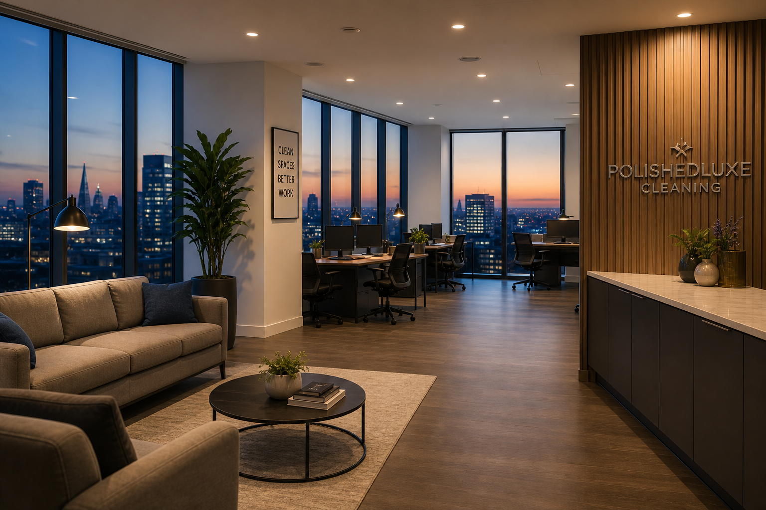 Modern UK office lounge cleaned at dusk with warm lighting and tidy surfaces