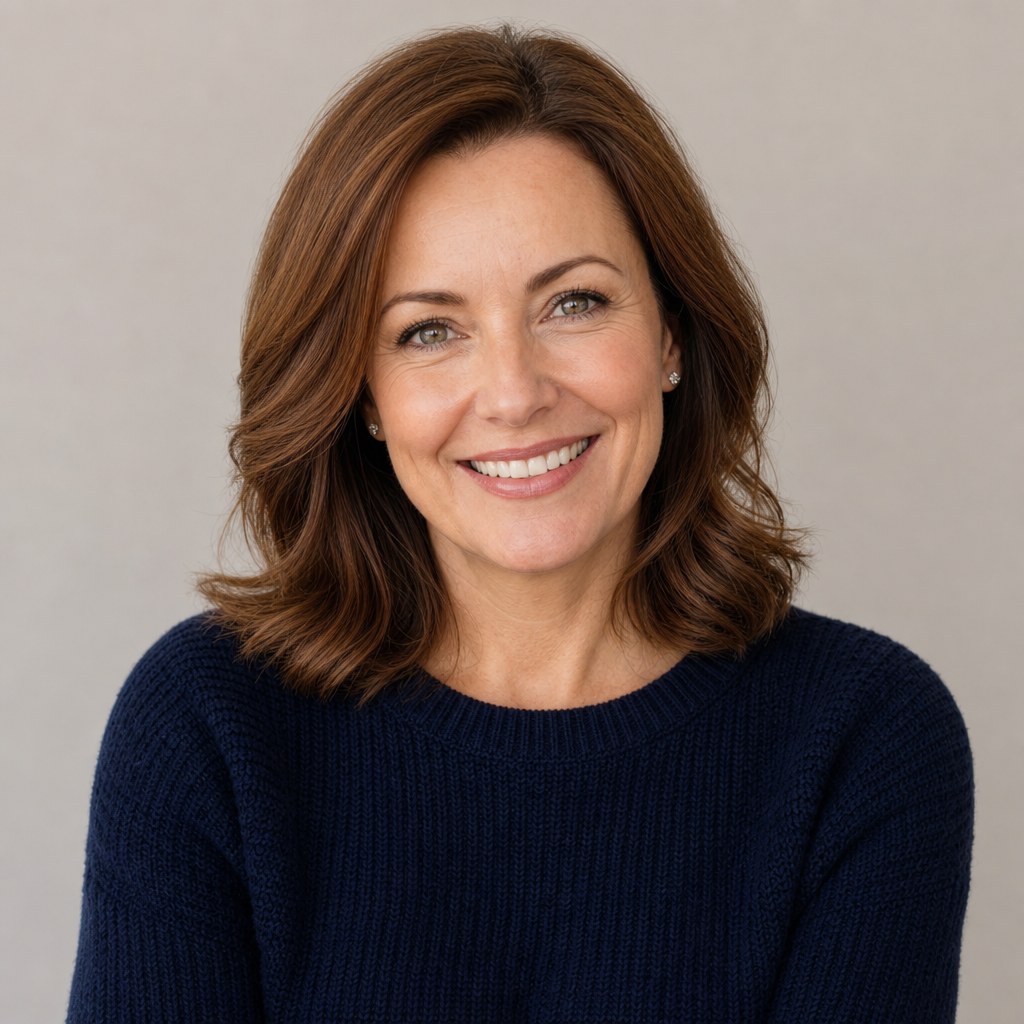 Portrait of Helen, a smiling middle-aged UK homeowner with chestnut hair wearing a navy knit sweater