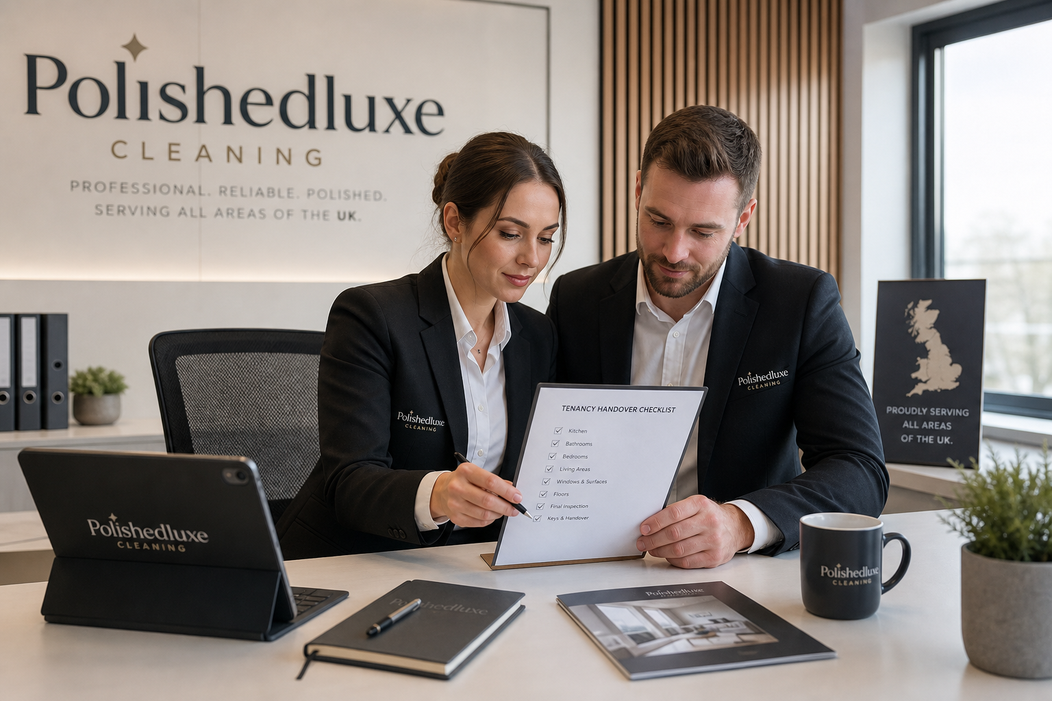 Professional UK cleaning coordinators reviewing a tenancy handover checklist in a modern office