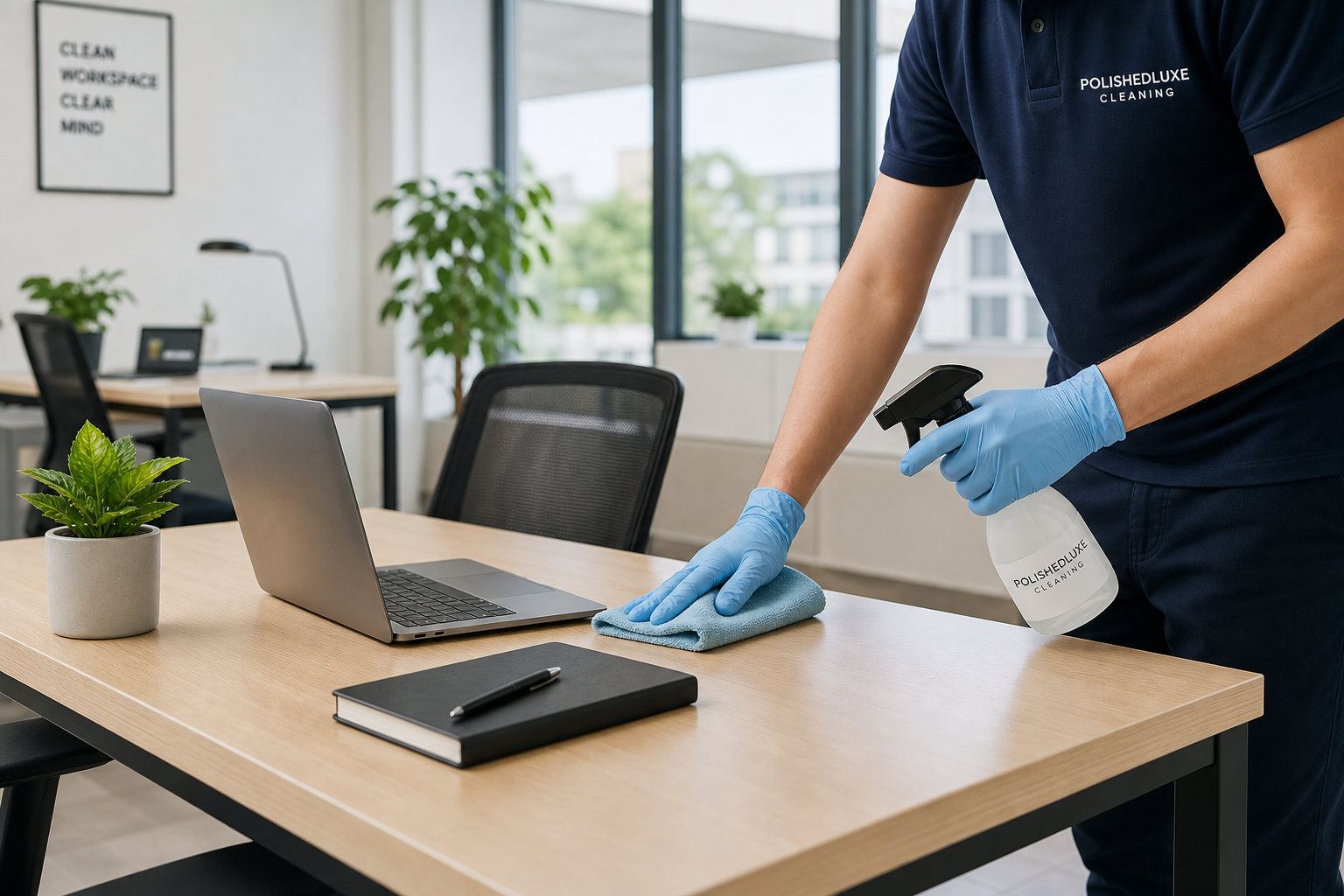 Modern UK office desk being sanitised with microfiber cloths, laptop and plants neatly arranged